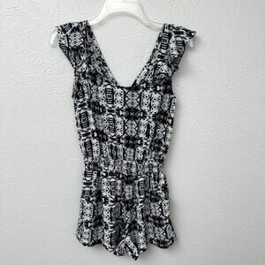 Charlotte Russe Dark Blue and White Print Flutter Sleeve Romper
